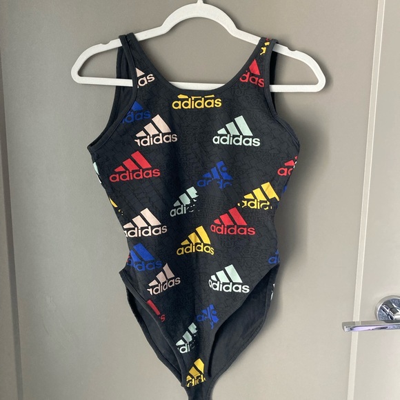 adidas Tops - adidas Black One-Piece Swimsuit with Multicolor Logos